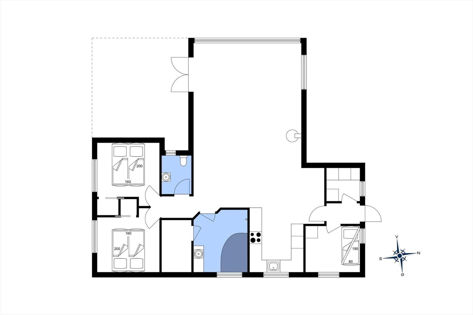 Apartment with two bedrooms, kitchen, and bathroom. Hallway with stairs.