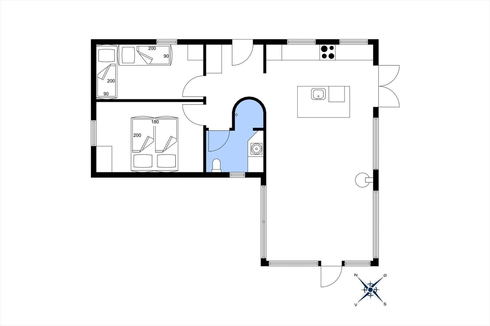 Wohnung mit zwei Schlafzimmern, Küche und Bad. Raumübersicht mit Maßen.