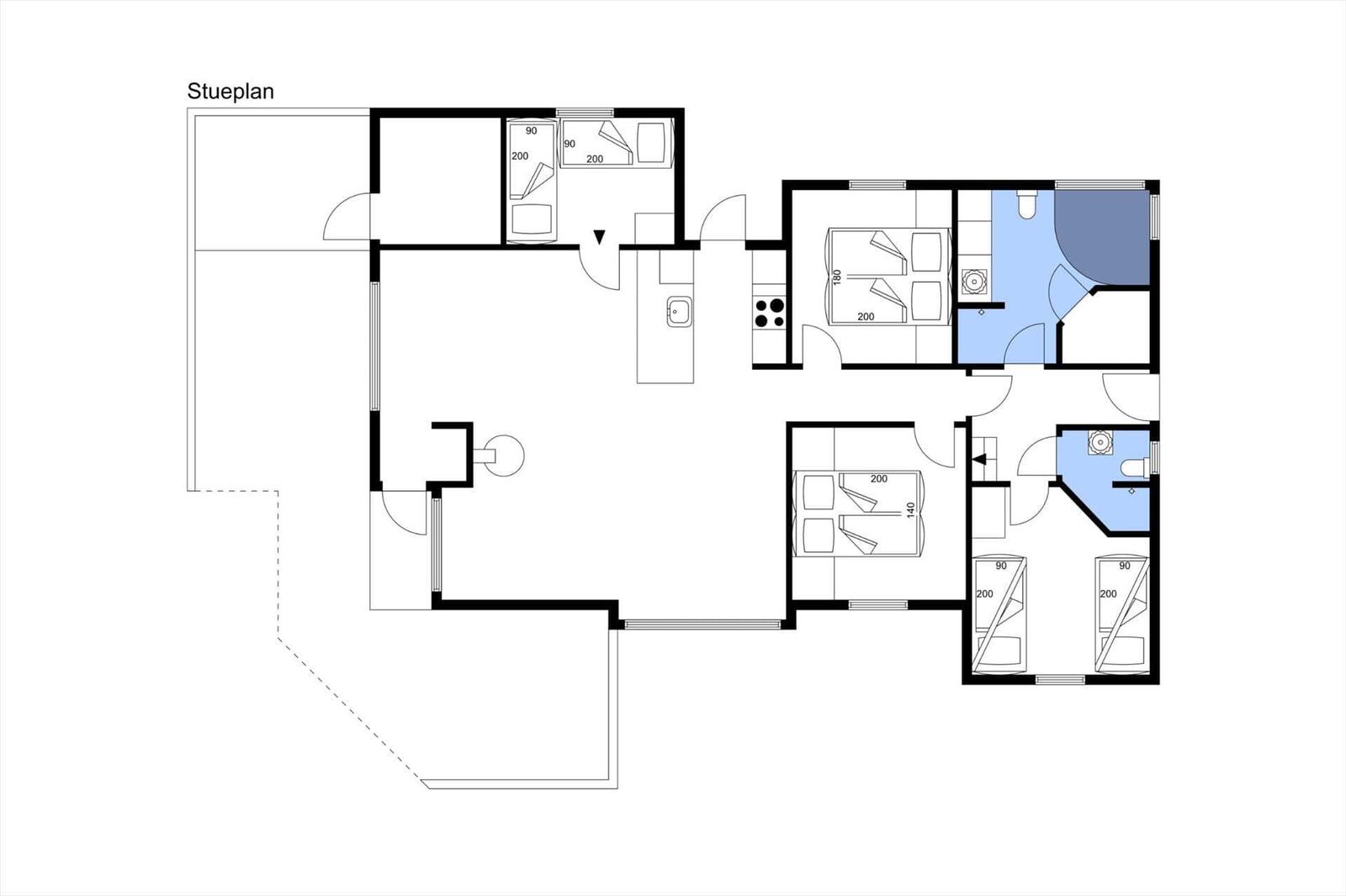Stueplan zeigt Wohn- und Schlafzimmer, Küche und Badezimmer mit Maßen.