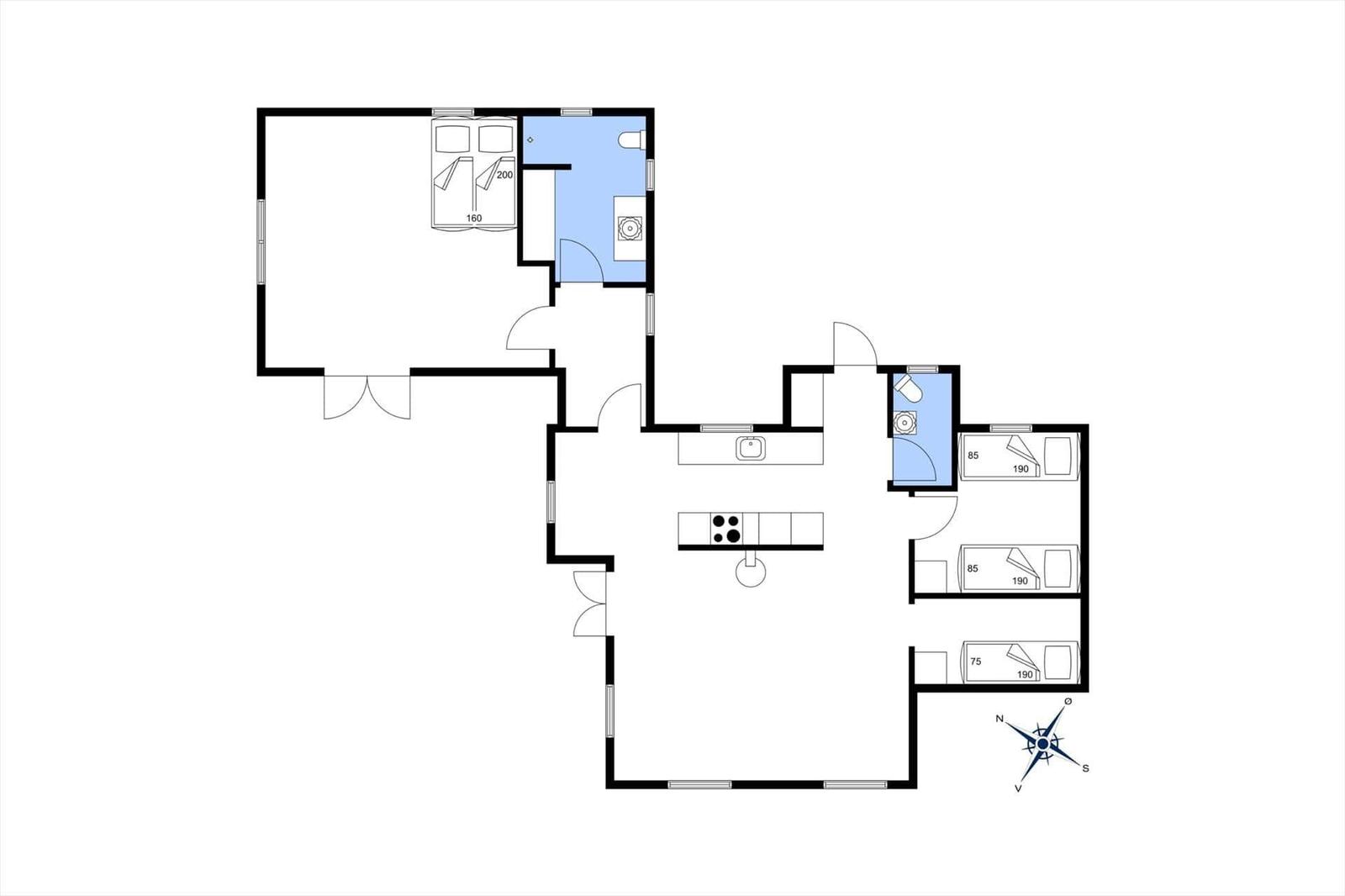 Apartment with three bedrooms, kitchen, and bathroom. Hallway with doors to all rooms.