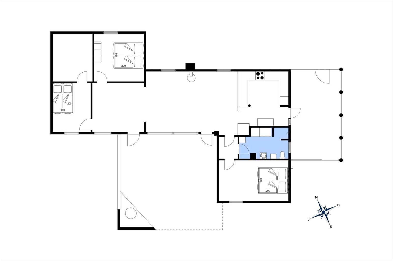 Apartment with three bedrooms, kitchen, and bathroom. Blue-marked room.
