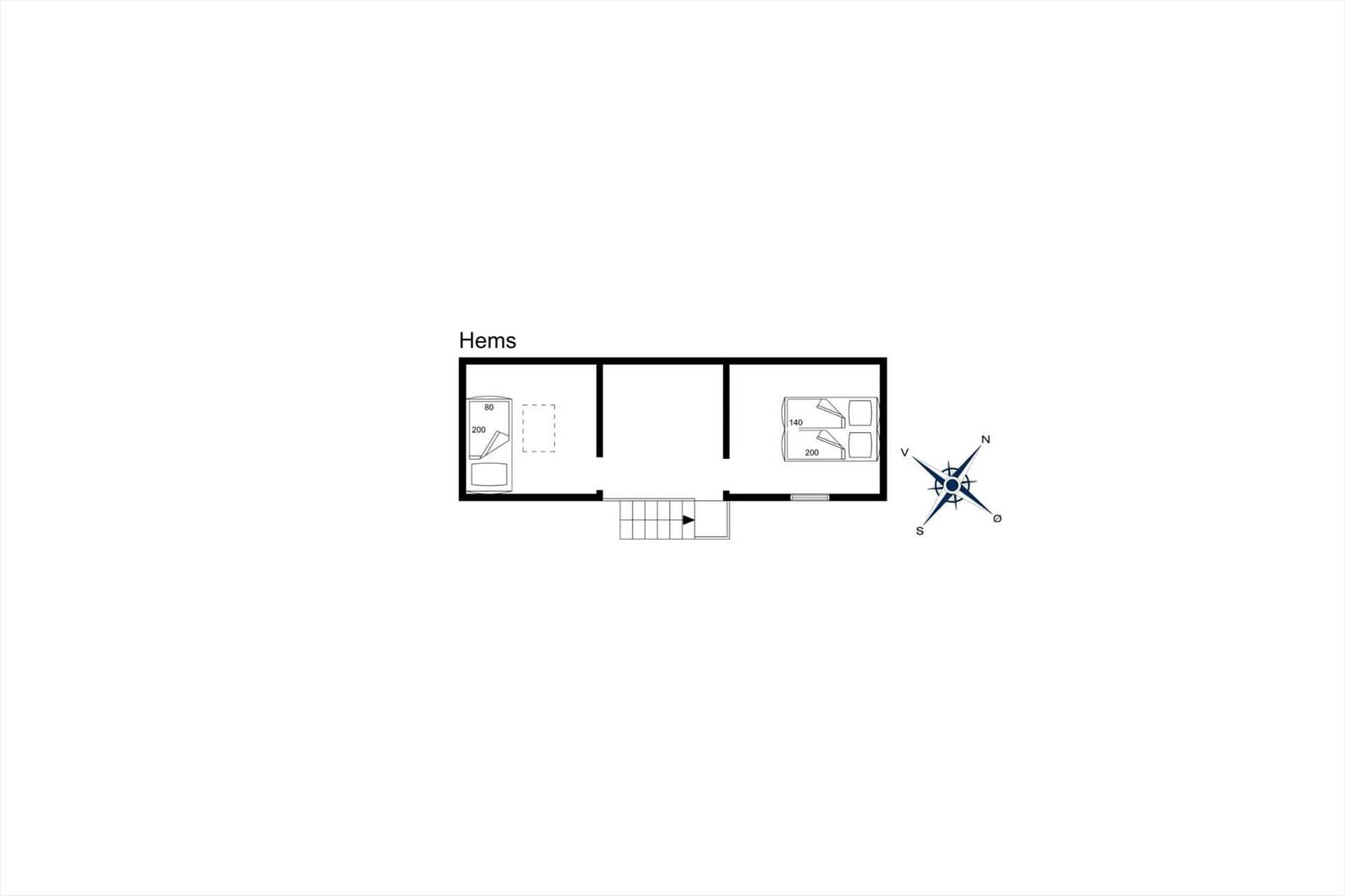 Plan shows two bedrooms and a staircase with orientation.