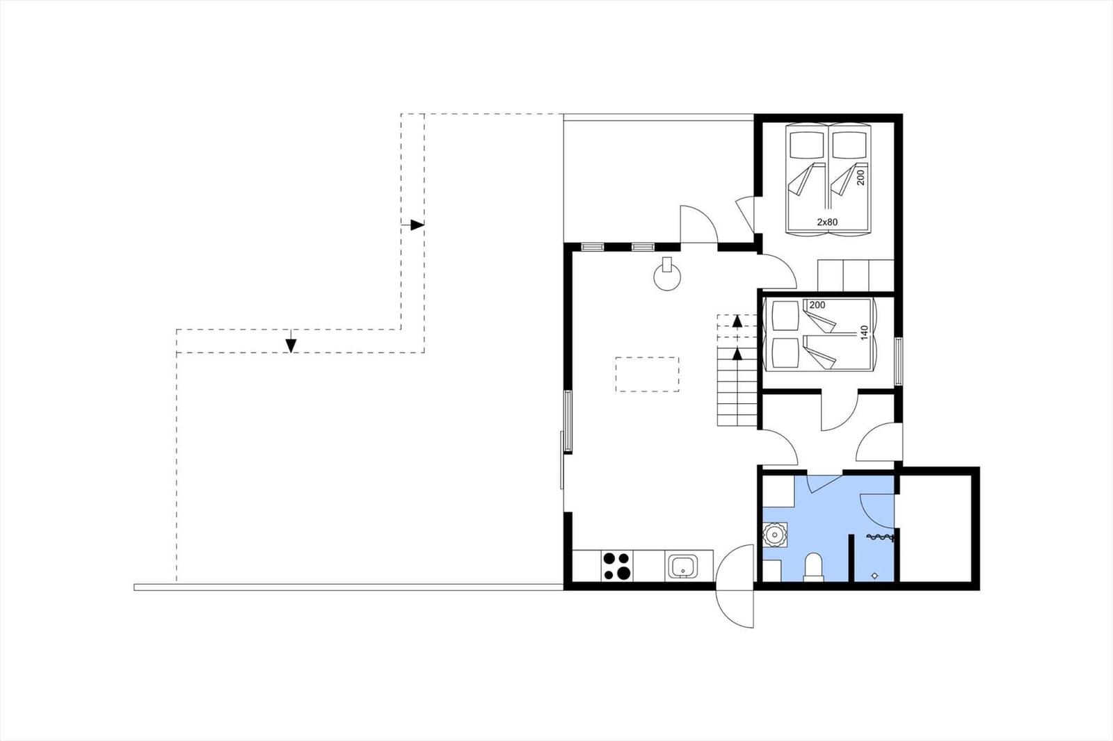 Dieses Haus hat zwei Schlafzimmer, eine Küche und ein Badezimmer mit Dusche.