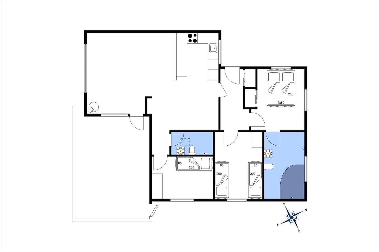 Wohnung mit Küche, Bad, Schlafzimmer und Wohnbereich. Raumgrößen sind eingezeichnet.