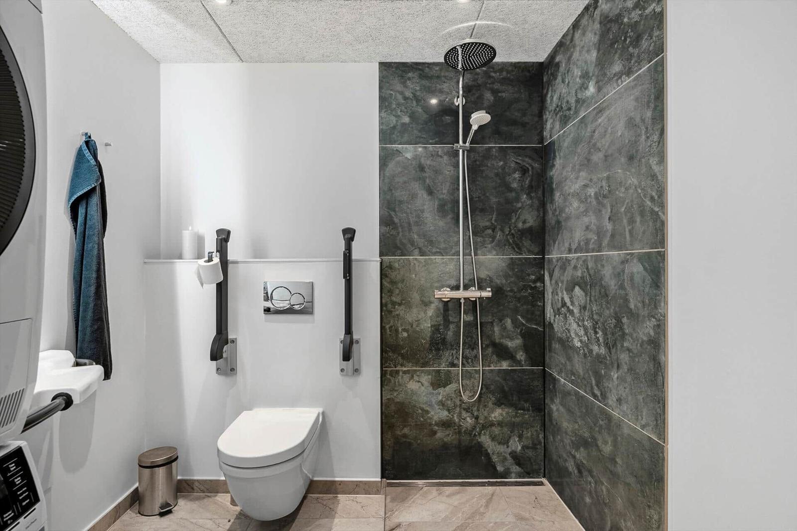 Dusche mit dunklen Marmorwänden, WC und Handlauf