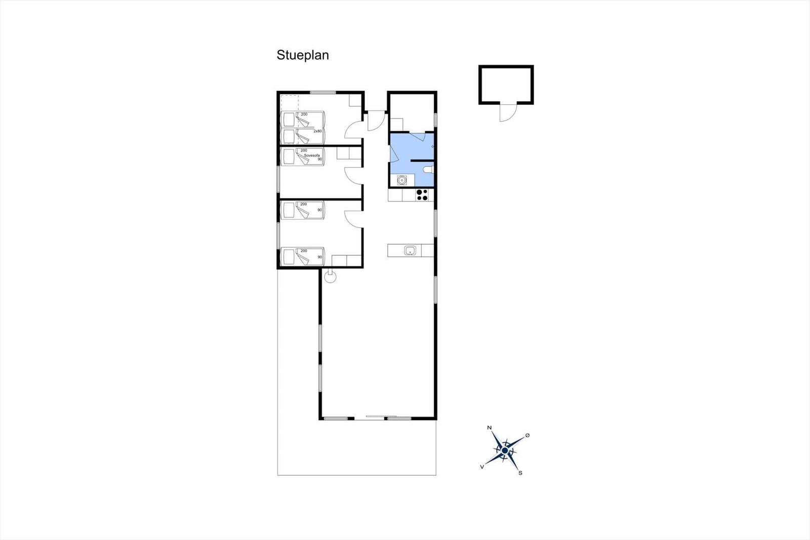 Stueplan zeigt vier Schlafzimmer, Küche und Bad.