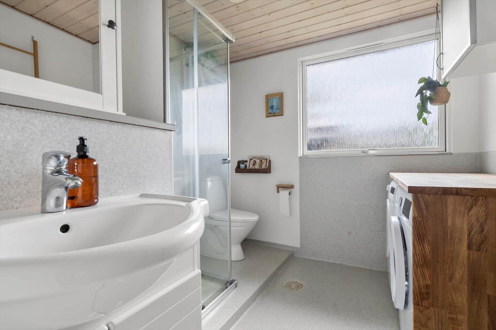 Bathroom with sink, shower, toilet, and washing machine.