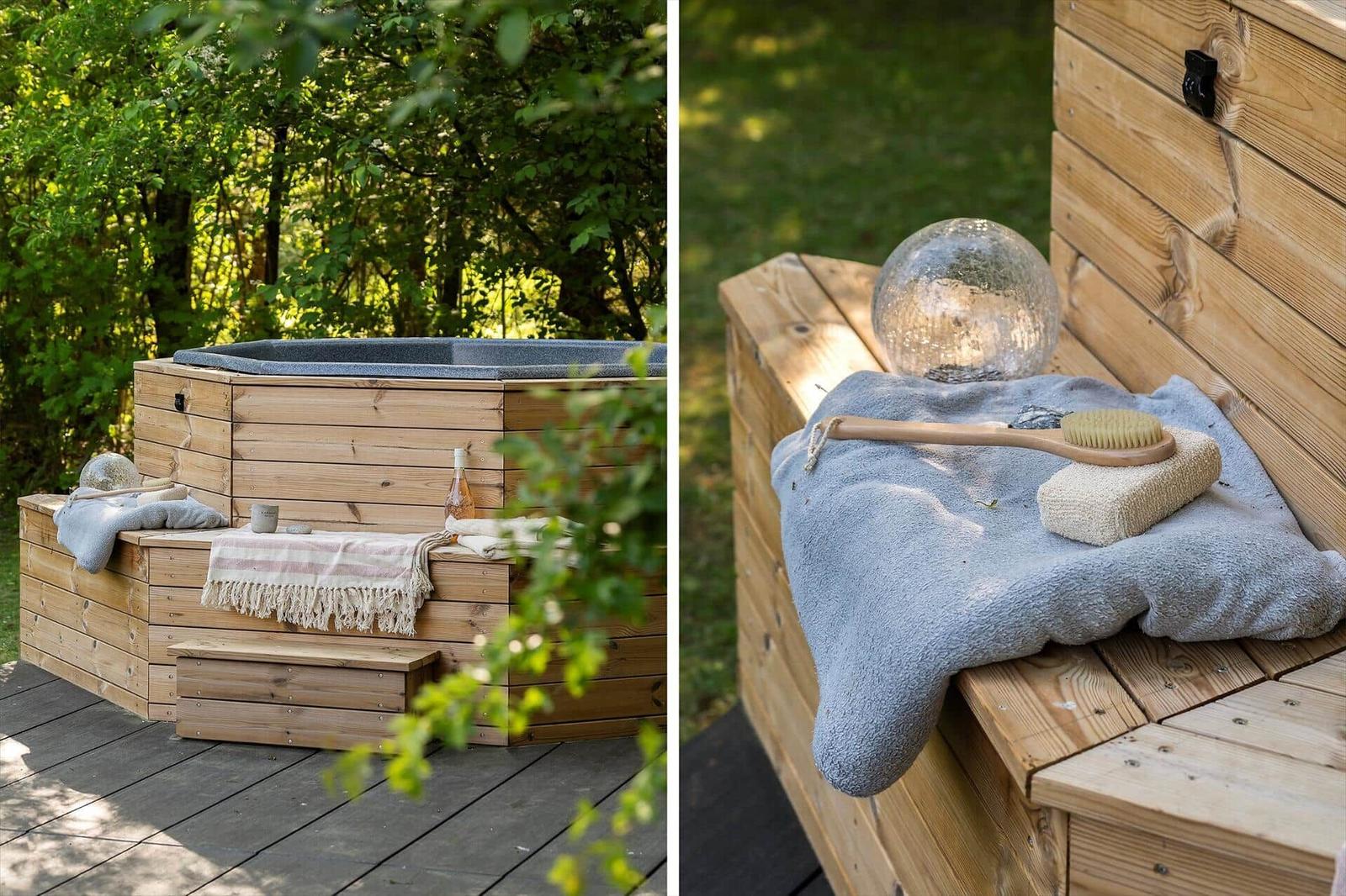 Holzkonstruktion mit Whirlpool, Handtuch und Badeutensilien im Freien.