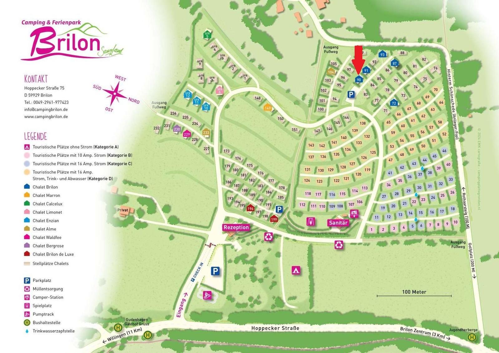 Lageplan des Camping- und Ferienparks Brilon mit Parkplätzen und Chalets.