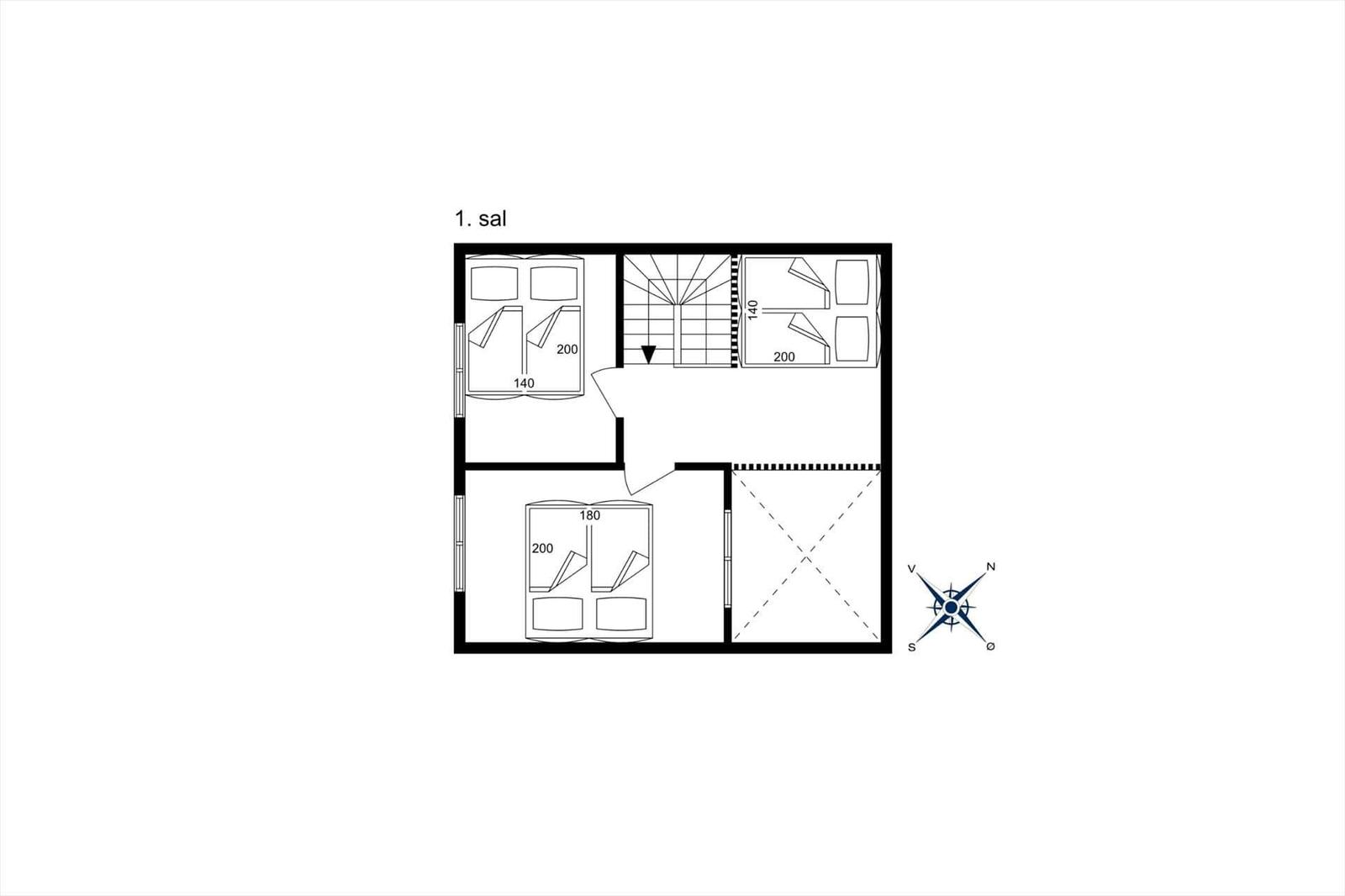 First floor with three bedrooms and staircase to upper level.