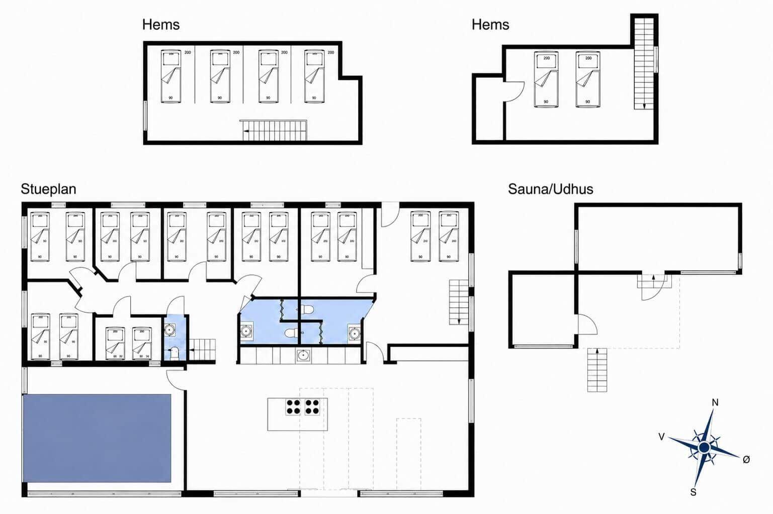 Funktionaler Grundriss mit Schlafzimmern, Bad, Küche und Sauna.