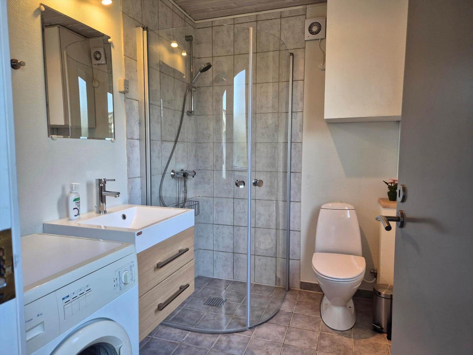 Badezimmer mit Dusche, Toilette und Waschmaschine