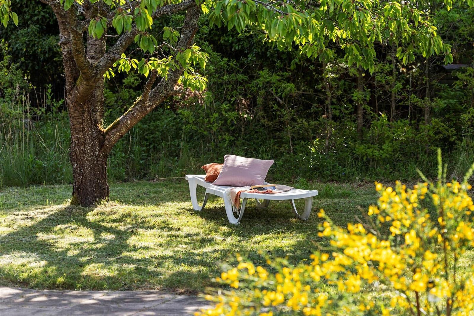 White lounger under tree with cushions and blanket on grass.