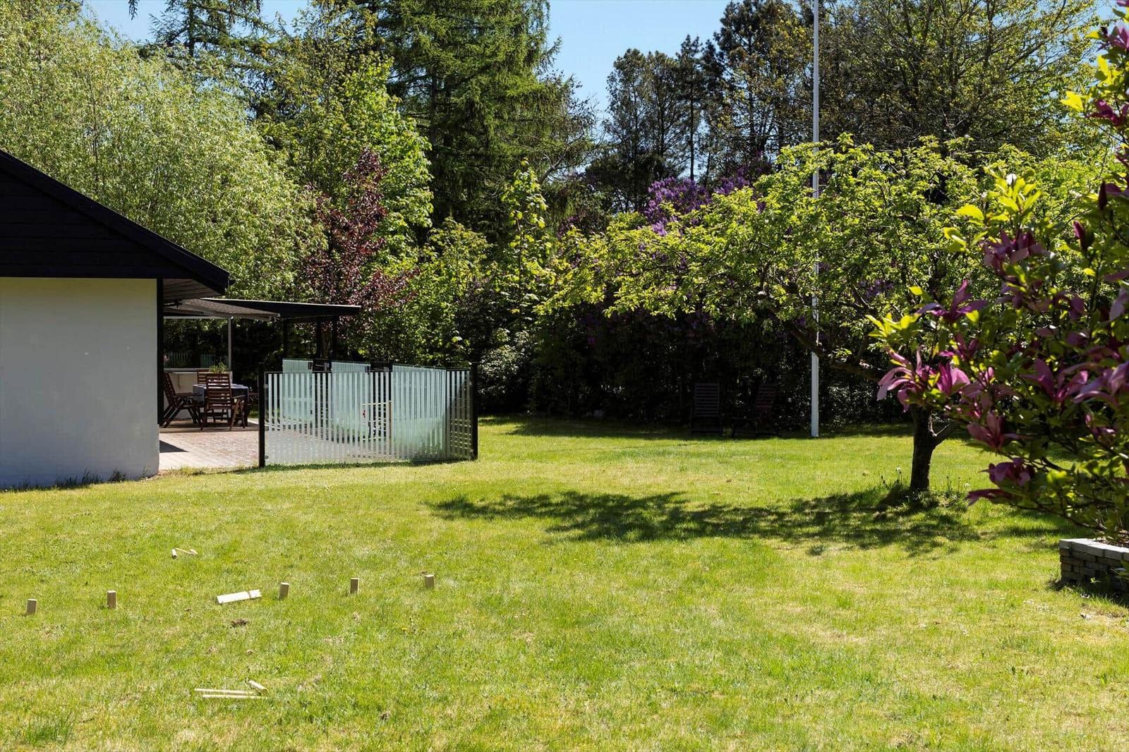 Green lawn with trees and terrace. Backyard with seating areas.