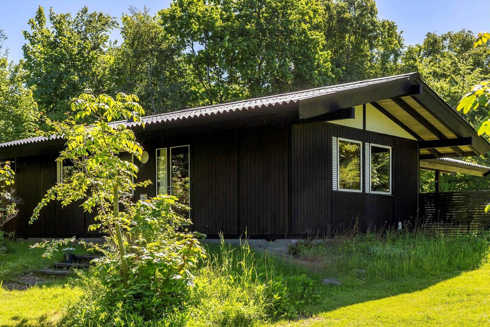 A wooden house with an overhang, surrounded by trees and grass.