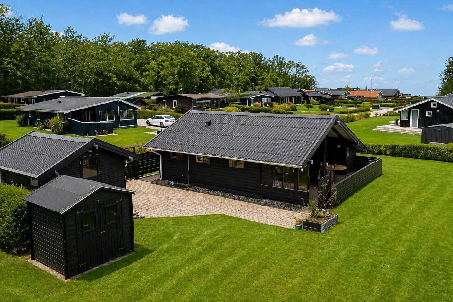 Black wooden cabin with terrace and garden. Surrounded by green lawns and other cabins.