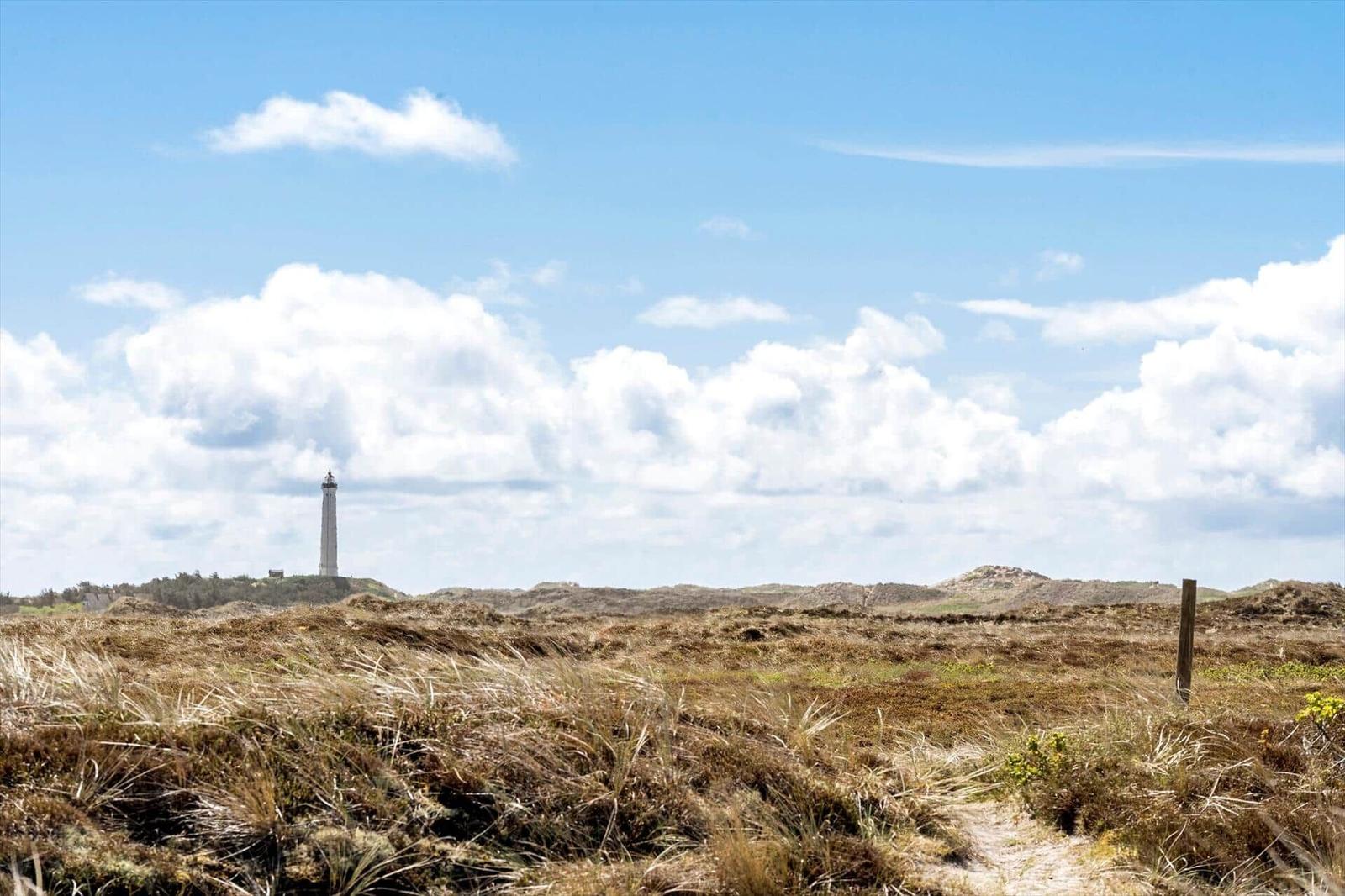 A lighthouse stands atop a dune under a blue sky with white clouds.