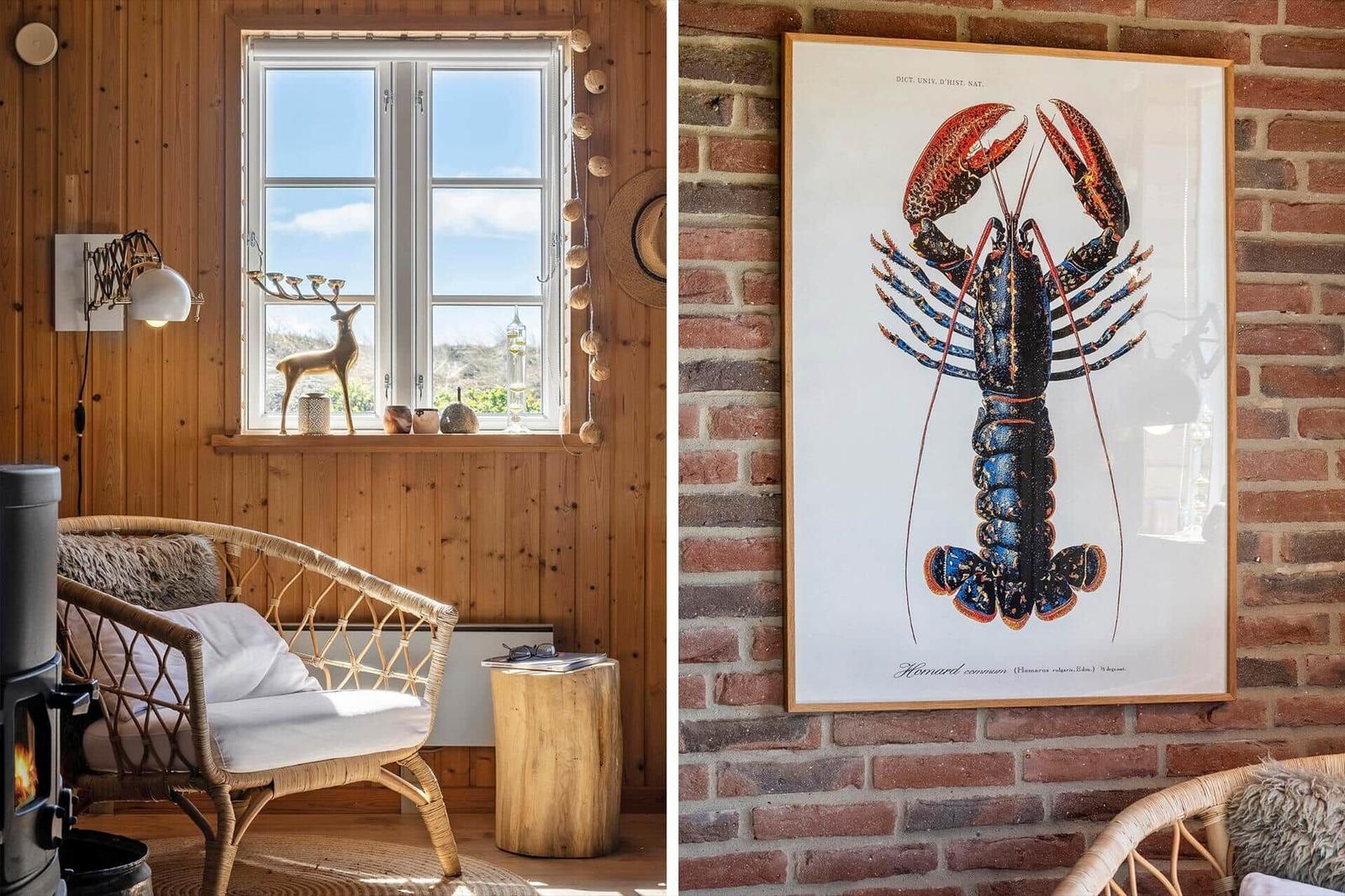 Room with wooden wall, window, and rattan chair. Wall art shows a lobster.