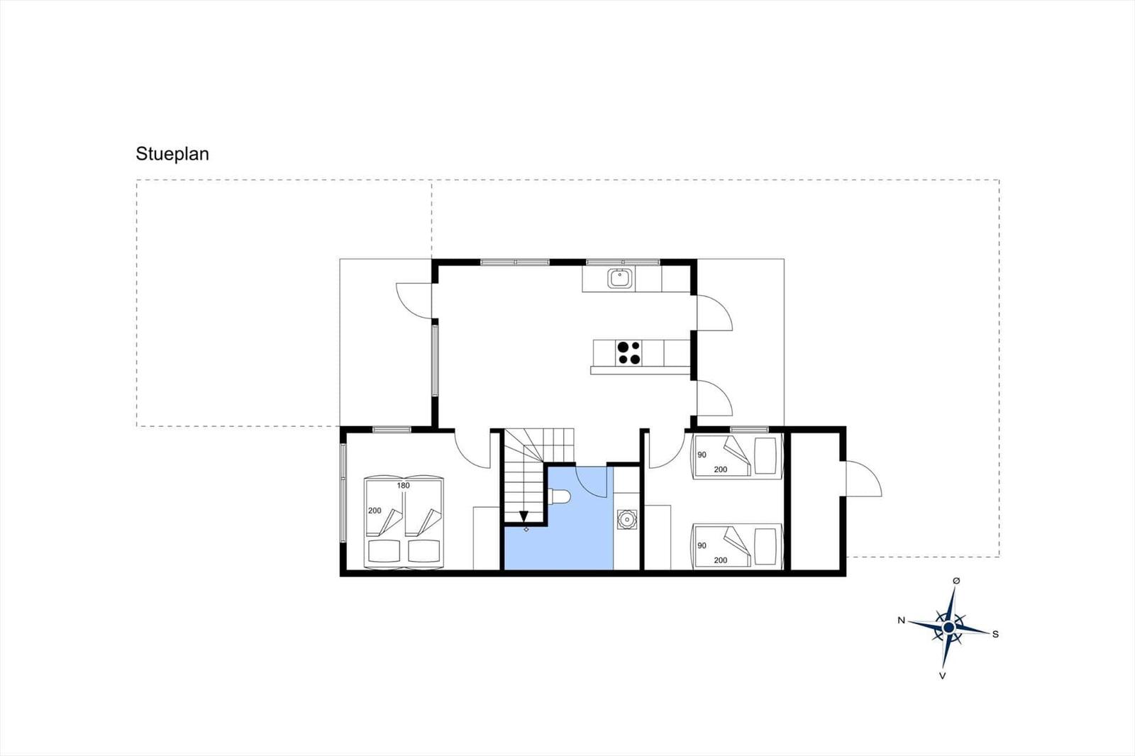 Stueplan zeigt Wohnfläche mit Küche, Schlafzimmer und Bad.
