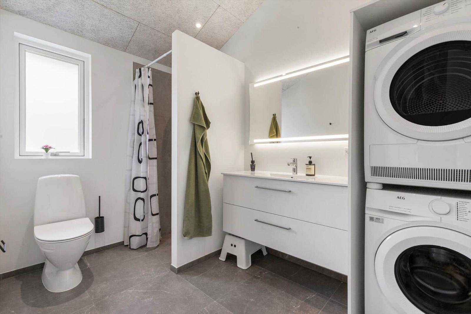 Bathroom with toilet, shower, sink, and washing machine.