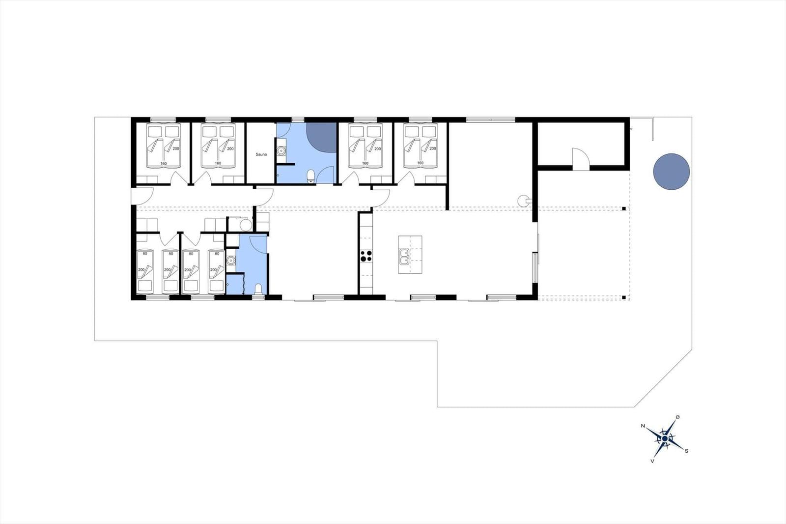 Floor plan with bedrooms, sauna, kitchen, and bathroom