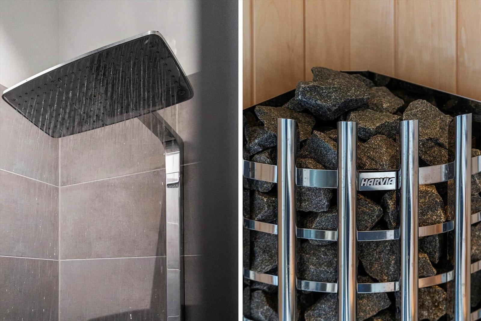 Duschkopf mit Wasserstrahl und Steinofen mit Edelstahlrahmen