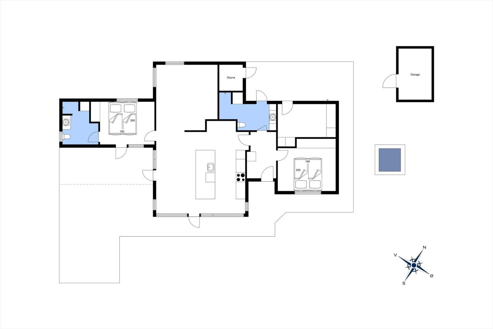 Geschossplan mit Schlafzimmer, Küche, Sauna und Garage.