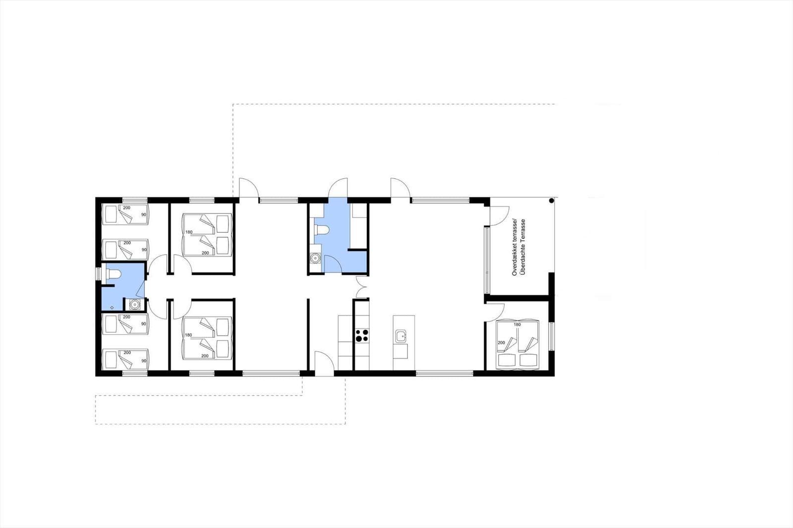 Apartment with multiple bedrooms, kitchen, and covered terrace.