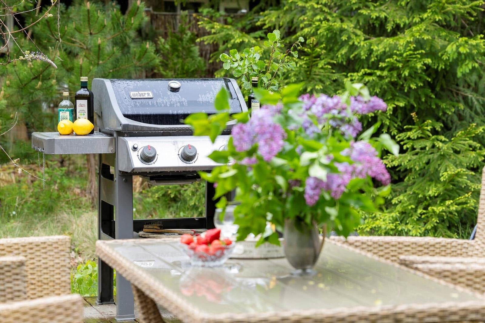 Gartenbereich mit Grill, Tisch, Stühlen und Blumenstrauß.