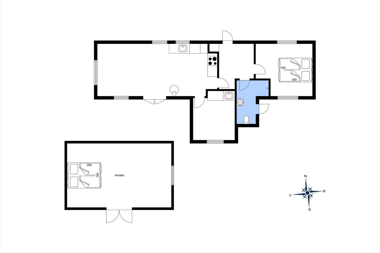 Wohnung mit Küche, Bad und Schlafzimmer. Anhang mit Schlafzimmer.
