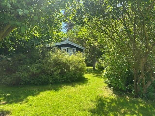 A small house with roof and windows, surrounded by trees and grass.