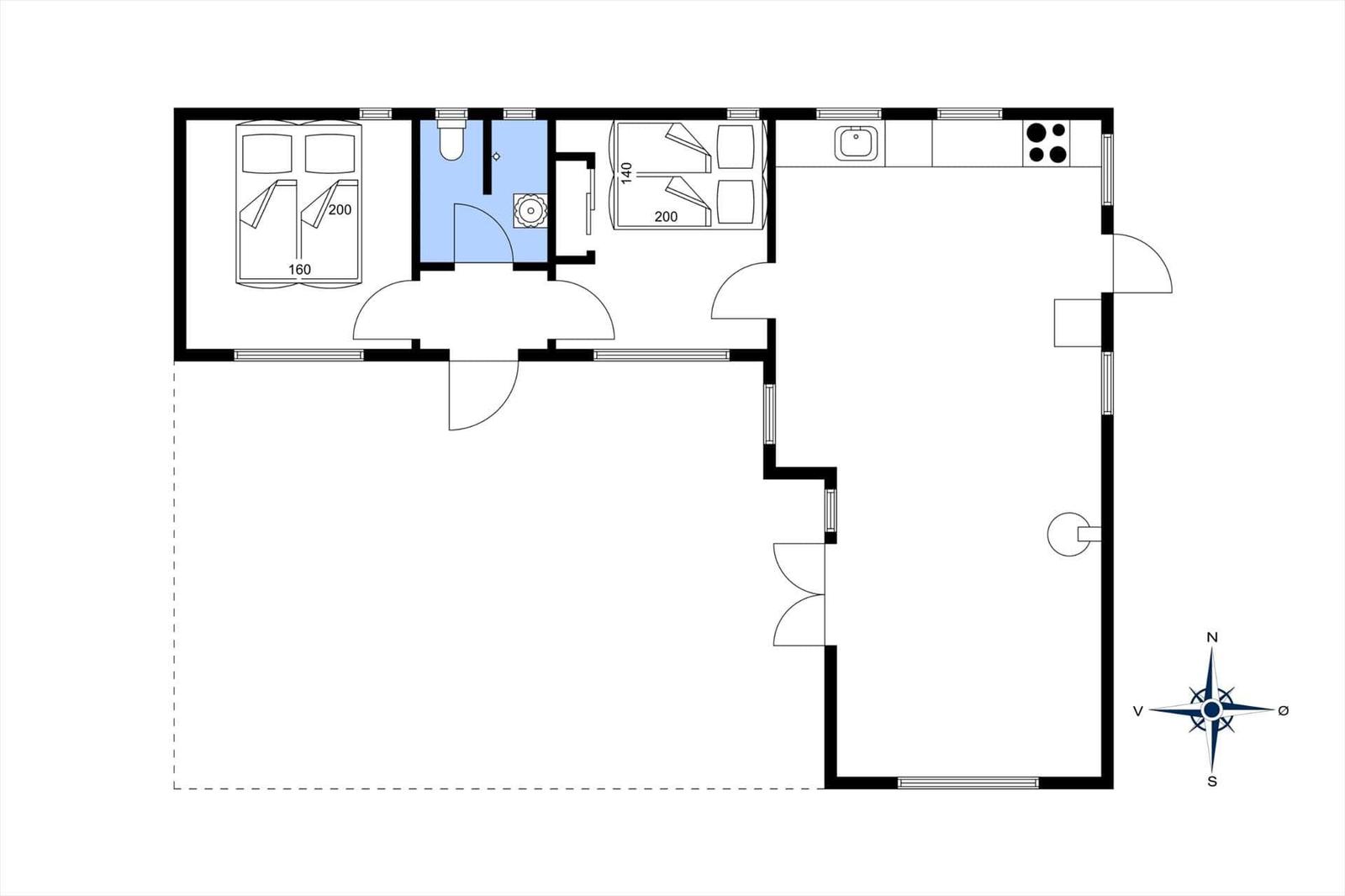 This apartment has a kitchen, a bathroom, and two bedrooms with one bed each.