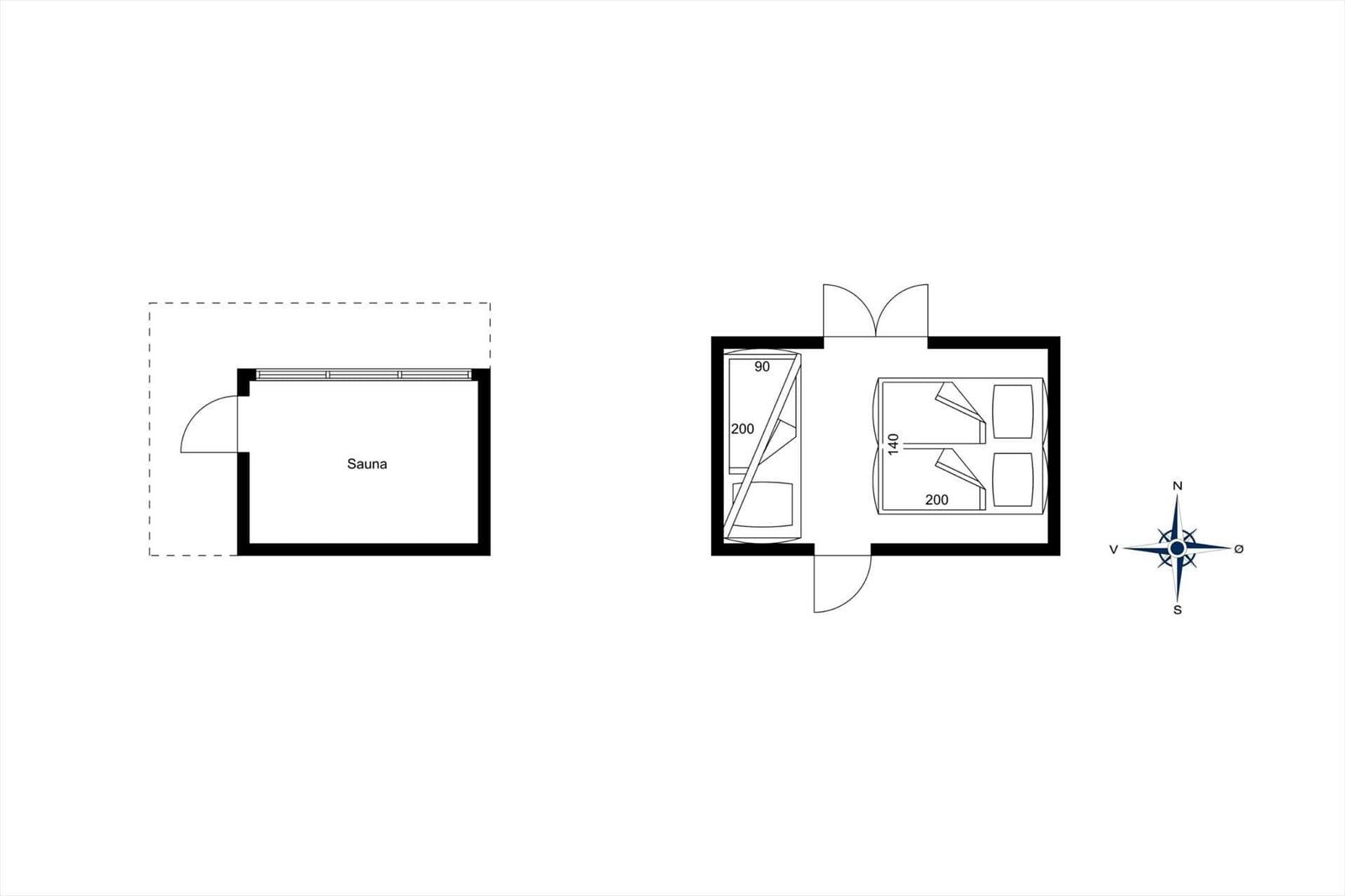Sauna and bedroom with dimensions and orientation