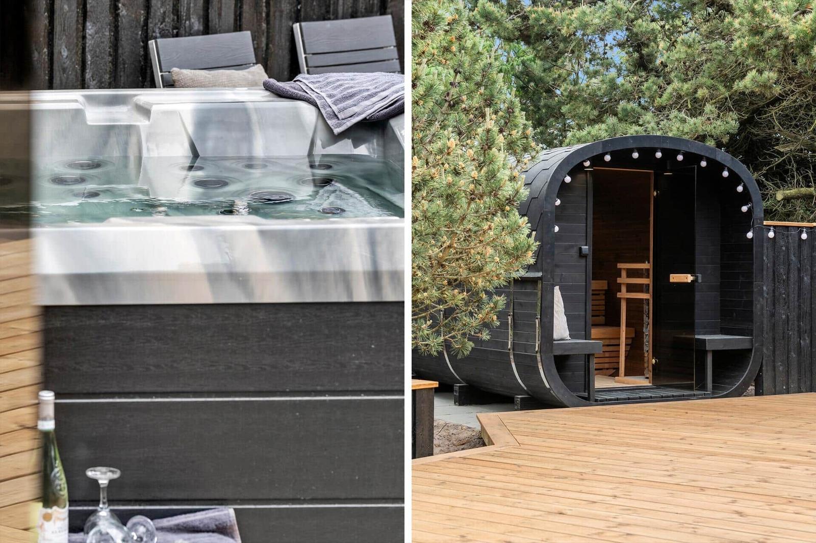 Außenwhirlpool mit Liegestühlen und Sauna im Garten mit Holzterrasse.