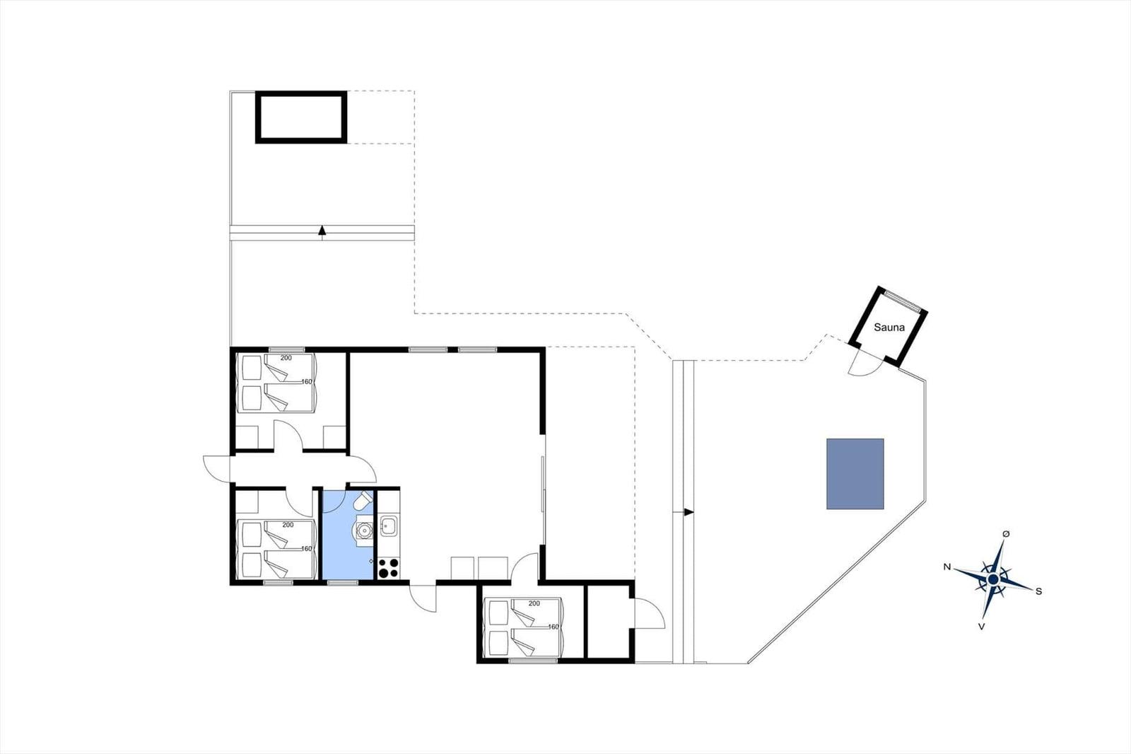 Wohnung mit drei Schlafzimmern, Küche und Sauna. Plan mit Raumbezeichnungen.