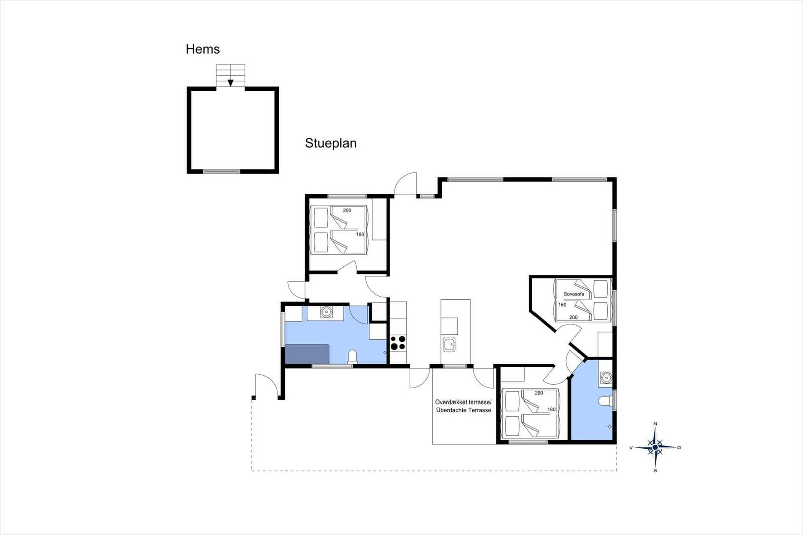 Apartment with two bedrooms, kitchen, and covered terrace. Hall leads to all rooms.