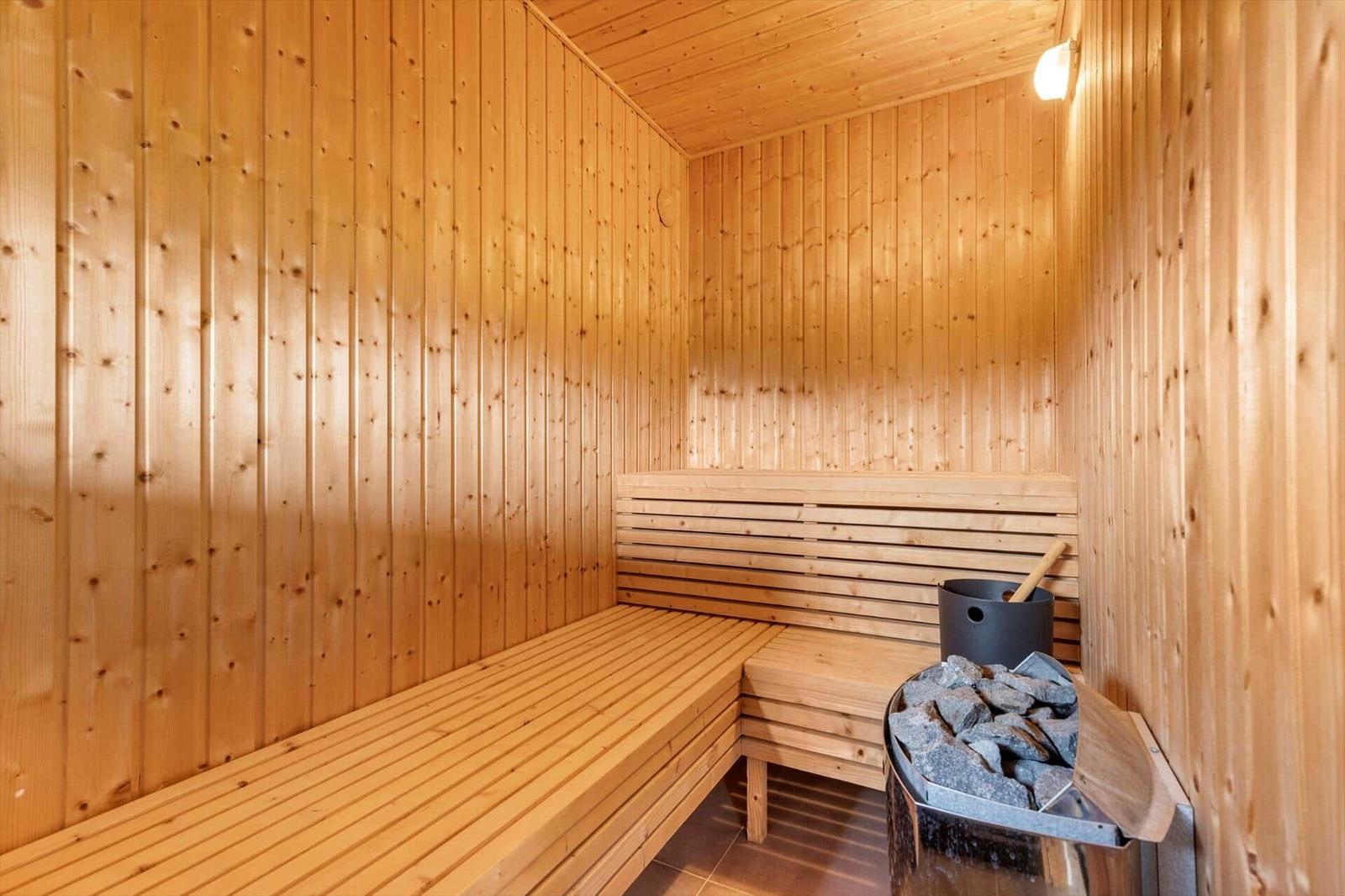 Sauna mit Holzwandverkleidung und Sitzbänken. Steine und Eimer für Wasser sind vorhanden.