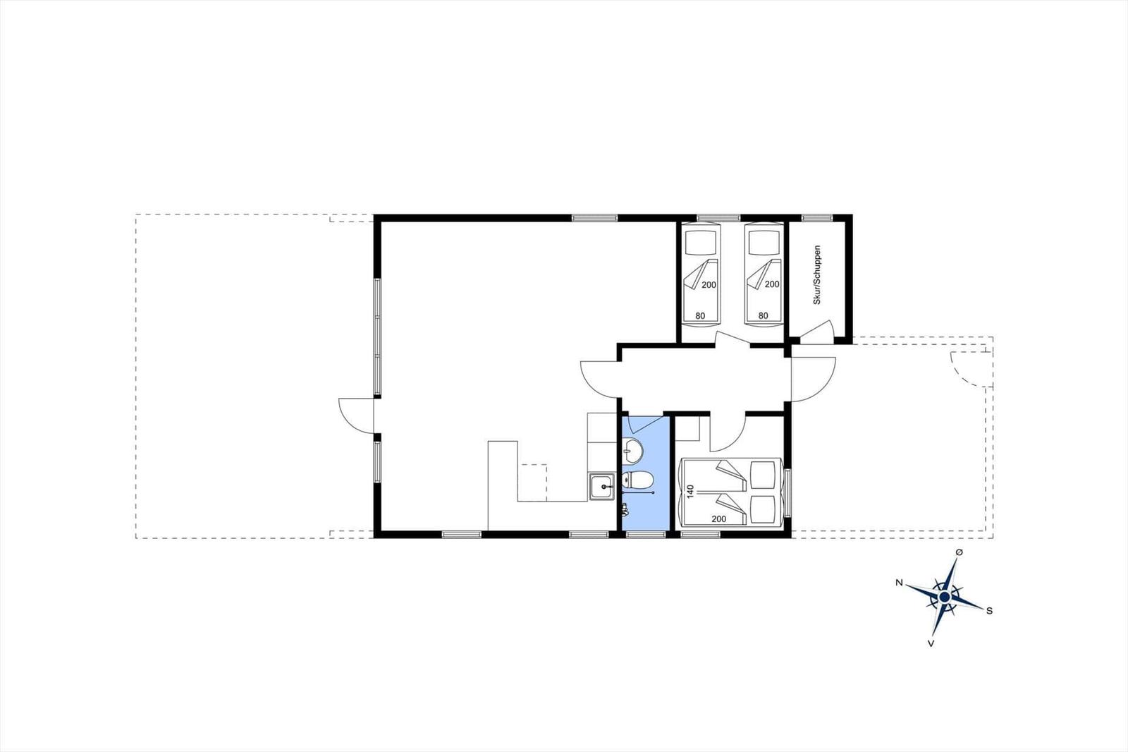 Apartment with three bedrooms and bathroom. Room layout with northeast orientation.