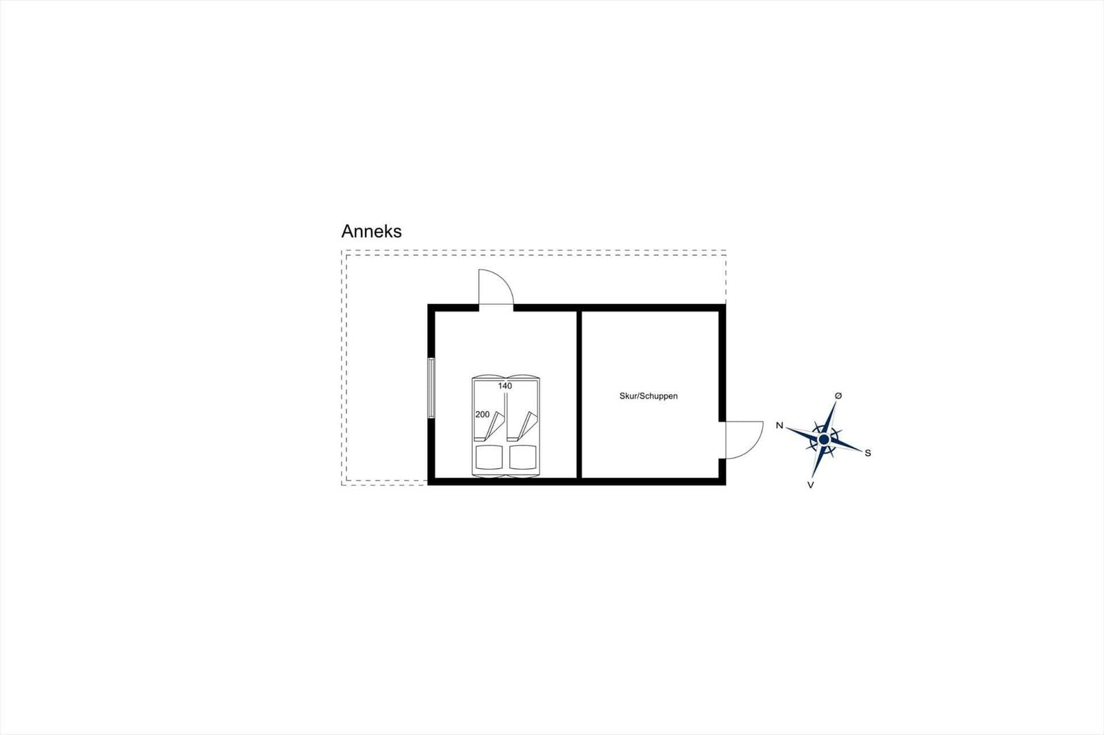 Annex with bedroom and shed area. Room dimensions and orientation marked.