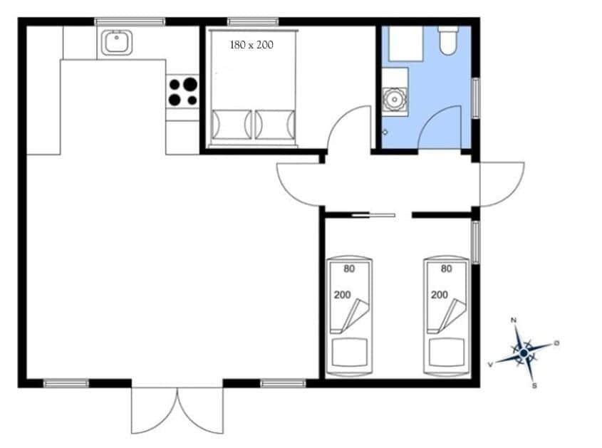 Apartment with kitchen, bathroom, and two bedrooms. Hallway with doors to all rooms.