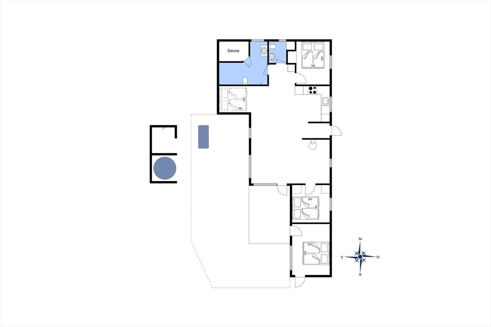 Functional floor plan with sauna, kitchen, and three bedrooms.