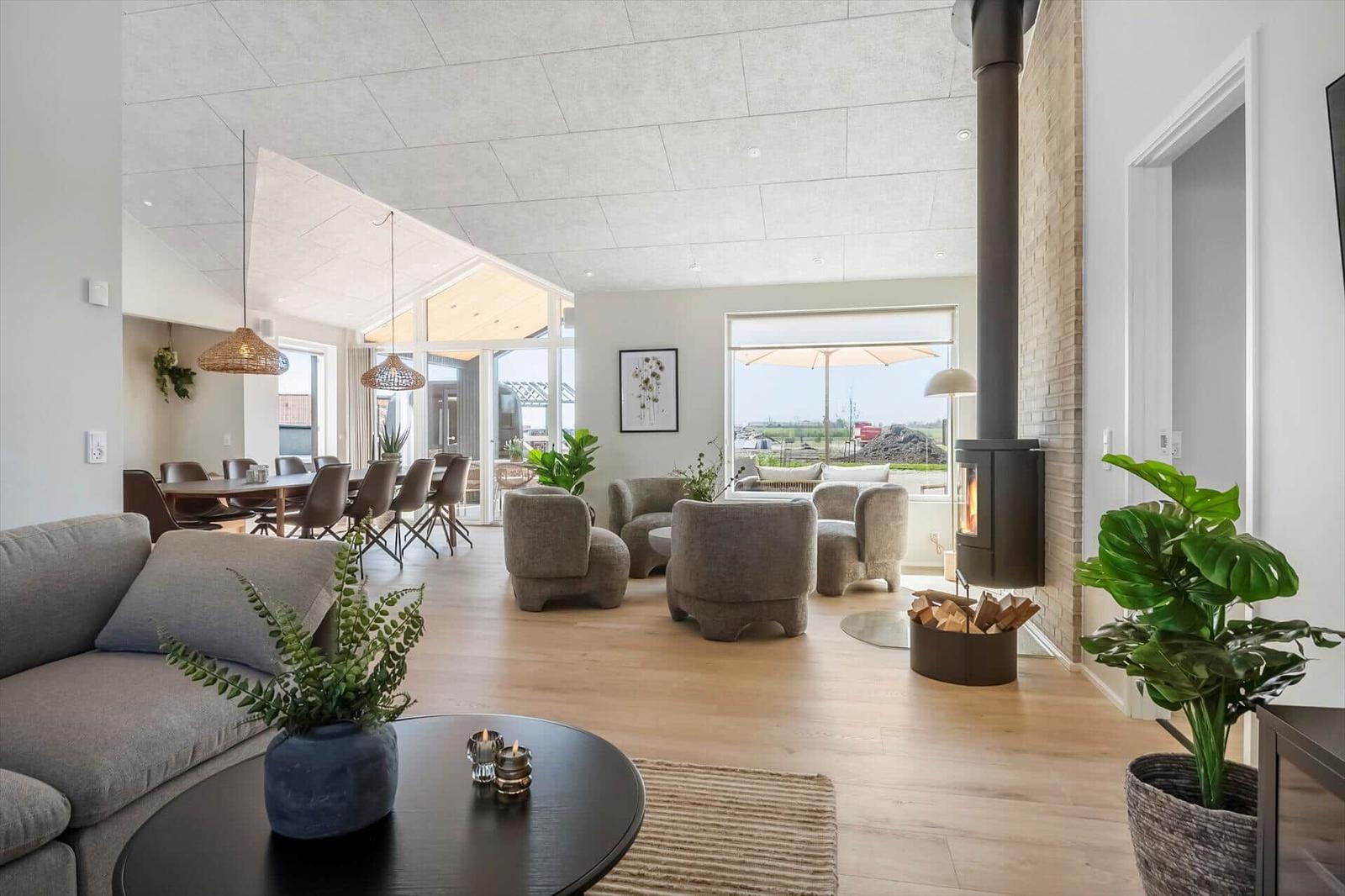 Living and dining area with sofa, armchairs, fireplace, and plants. Wooden floor and large window.