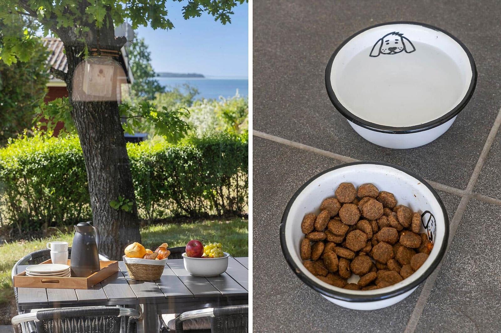 Außenbereich mit Tisch, Obst und Blick aufs Meer. Hunde-Futter- und Wasserschale.