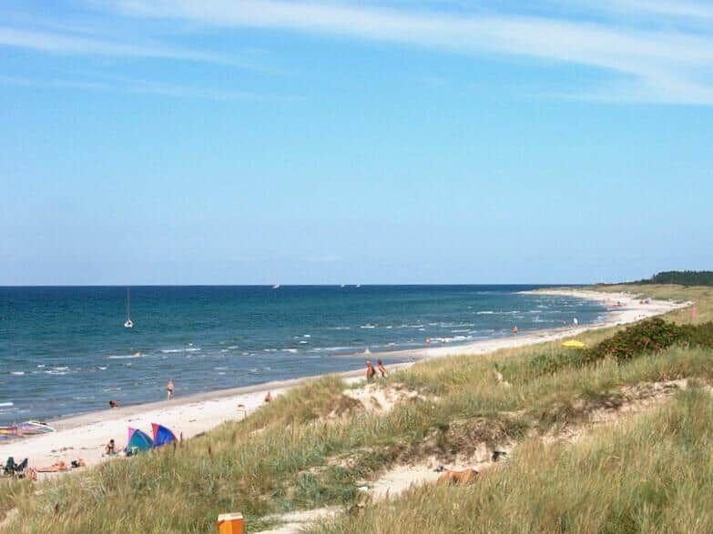 Beach with dunes, beachgoers, and sailboats in the background.