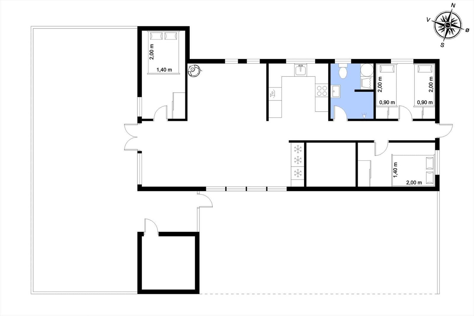Einfamilienhaus mit Küche, Bad und drei Schlafzimmern.