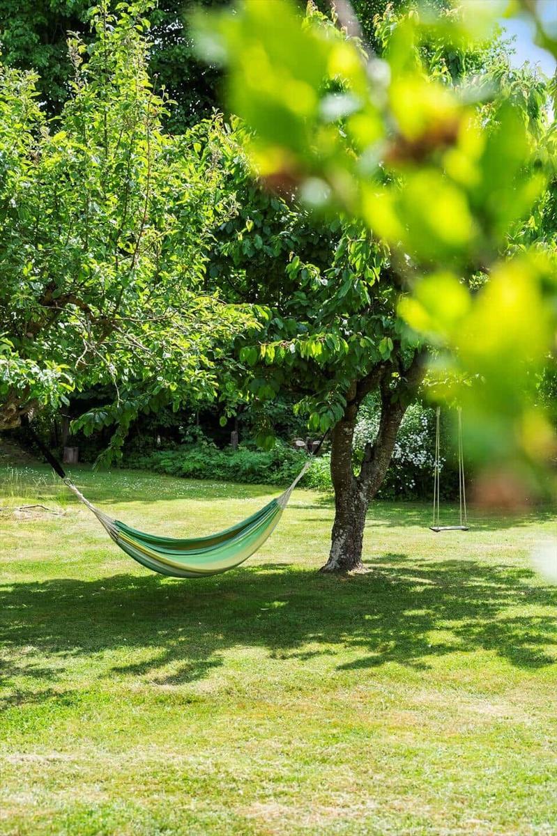 Grüner Hängemattenschatten unter Bäumen im Garten mit Schaukel.