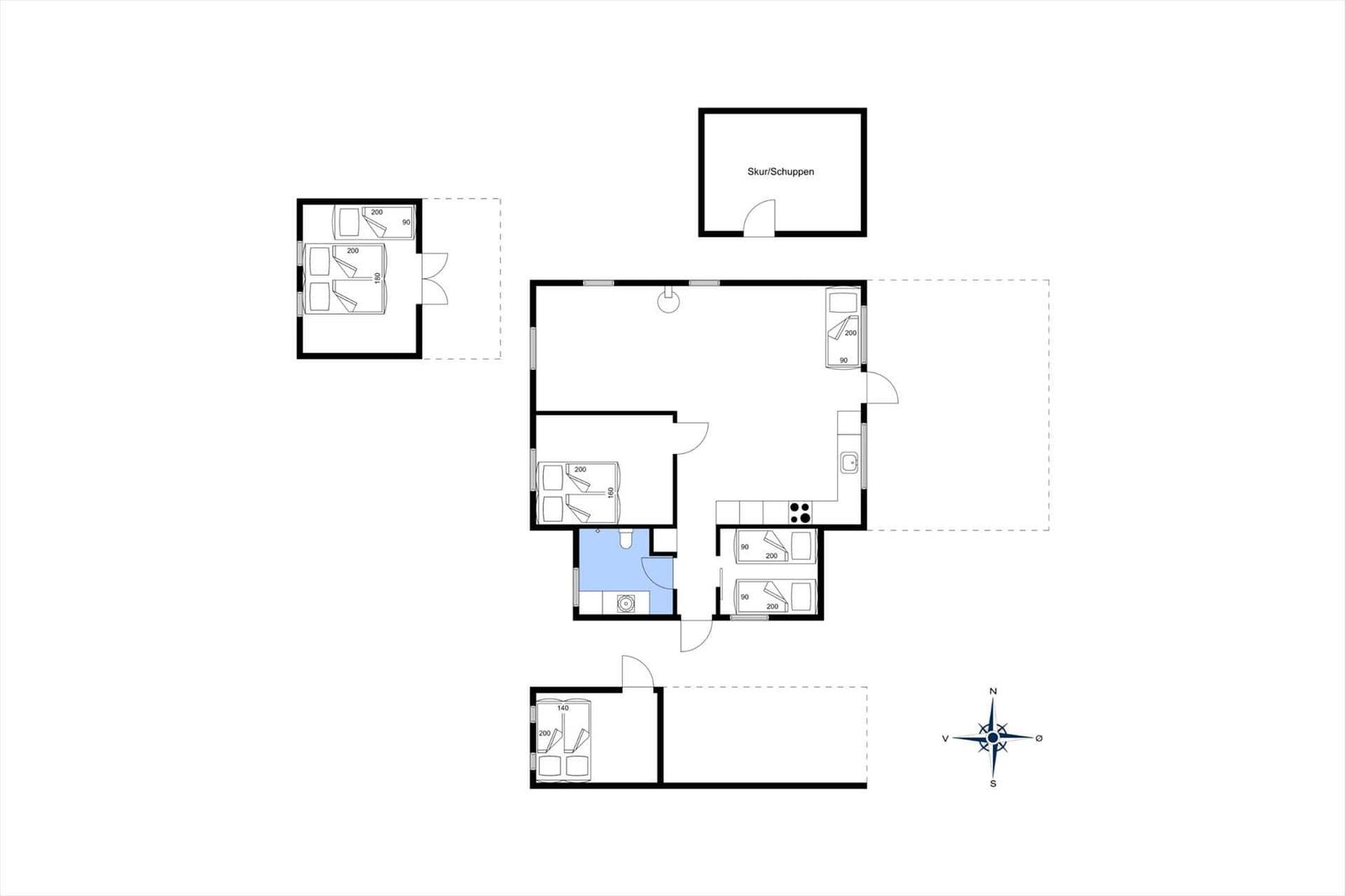 Wohnung mit mehreren Schlafzimmern und Küche. Raumübersicht mit Maßen.