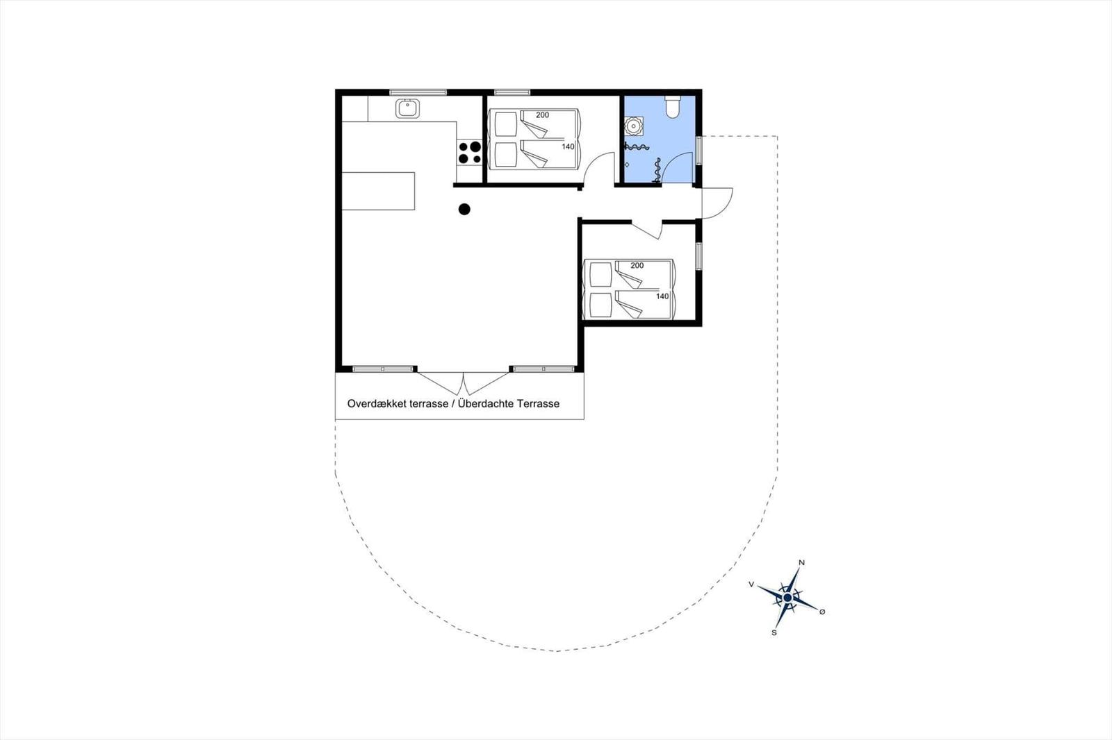 Apartment with kitchen, two bedrooms, bathroom, and covered terrace.