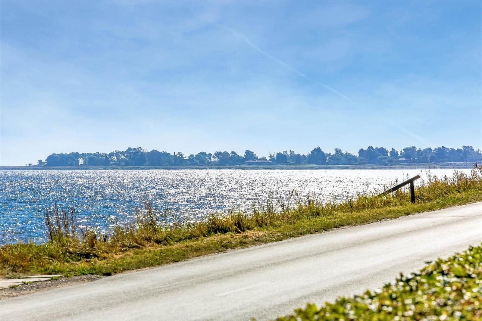 Eine Straße entlang eines Sees mit Gras und Bäumen im Hintergrund.