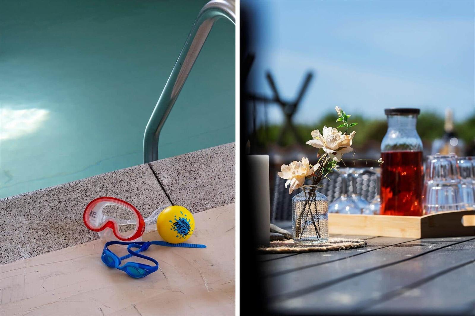 Pool mit Schwimmbrille und Ball. Tisch mit Blumen und Getränk.